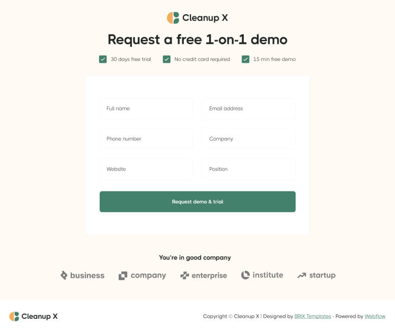 Request a Demo - CleanUp X Webflow Template